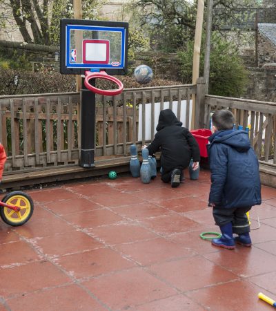 children playing basketball and skittles